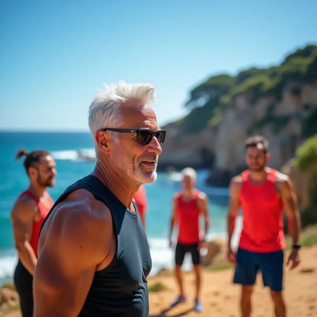 Hombre sonriendo después de completar un entrenamiento, mostrando confianza y energía.